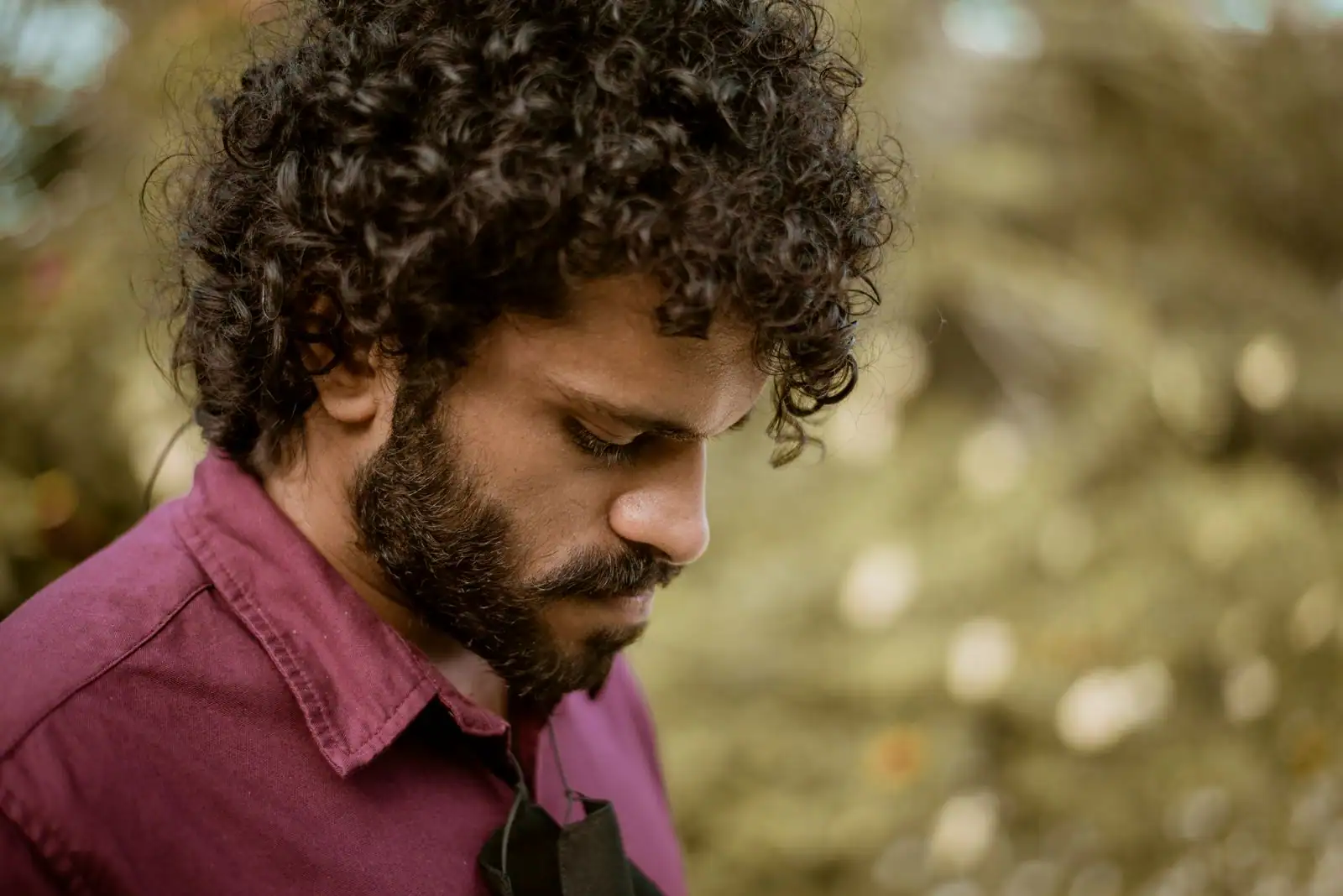 Homme aux cheveux bouclés bruns bien définis, portrait en lumière naturelle