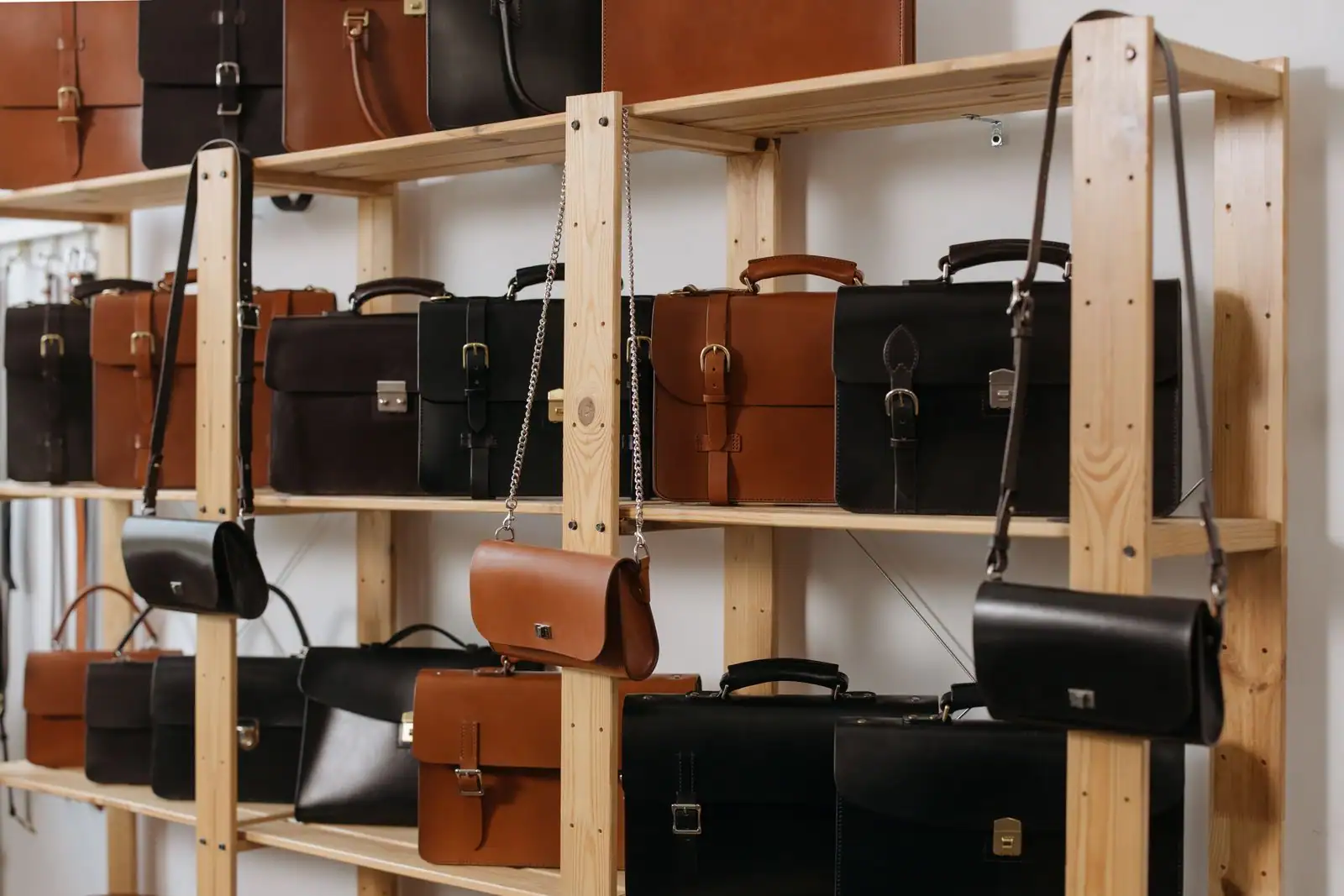 Sacs en cuir bruns et noirs exposés sur des étagères en bois dans une maroquinerie