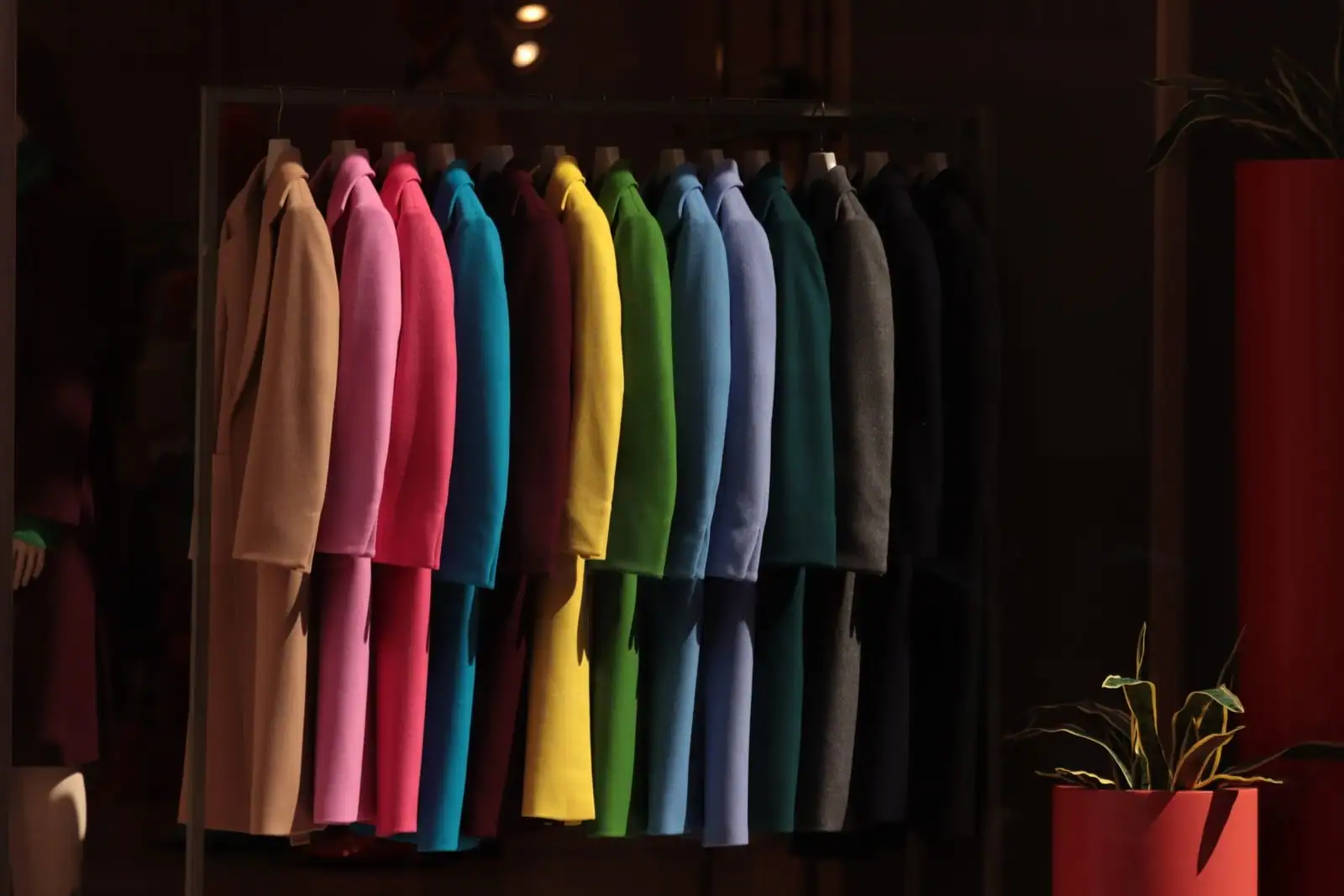 Une rangée de manteaux d'hiver aux couleurs variées, suspendus sur un portant de boutique.