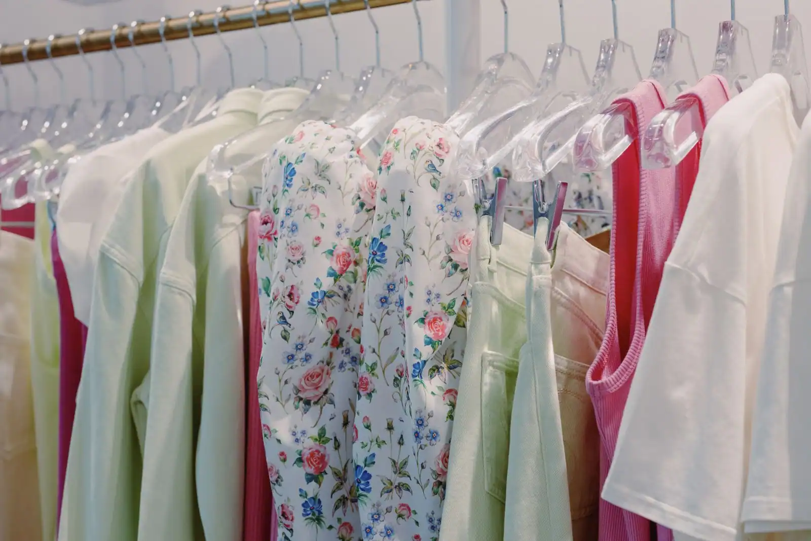 Vêtements aux tons pastel et à motif fleuri suspendus sur des cintres, sur un portant de boutique de mode.