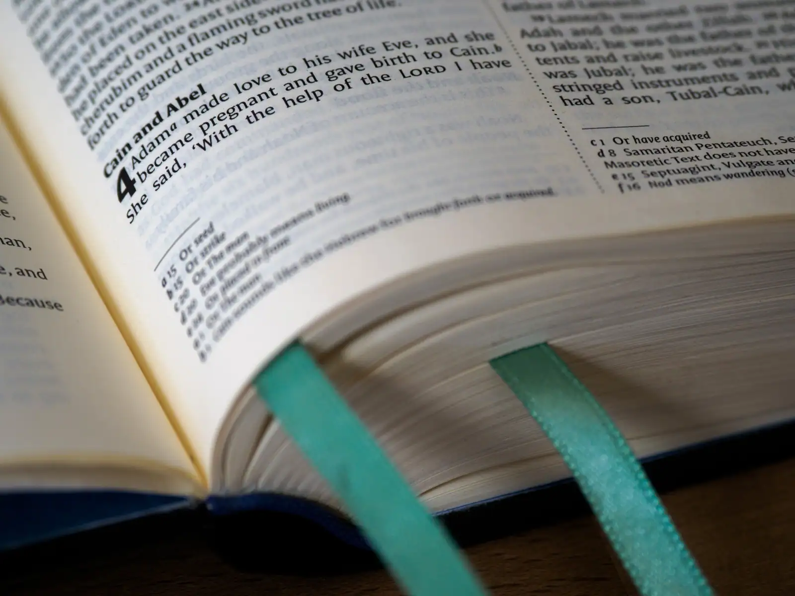 Bible ouverte en anglais, texte imprimé sur deux colonnes et ruban signet vert entre les pages
